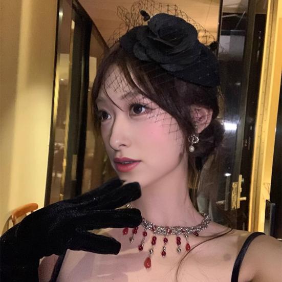 Women Fascinator Hat Feather Mesh Imitation Pearls Decor Pillbox Hat Small Top Hat Daily Party Hair Accessory