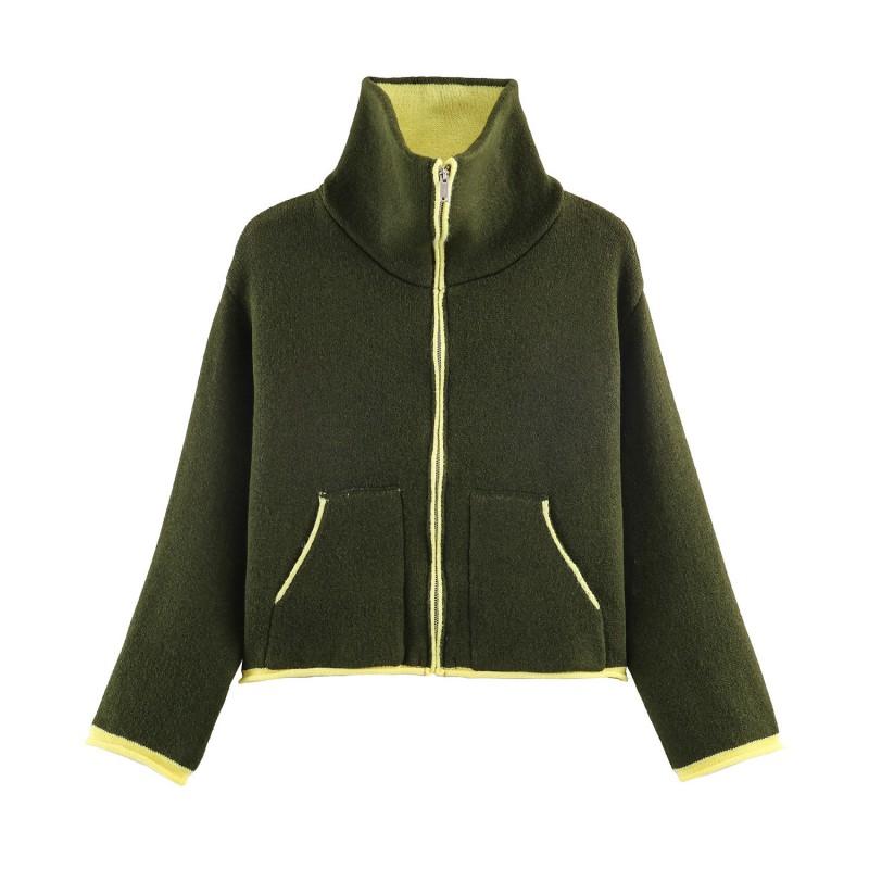 Knitted Bomber Jacket Color Block Casual Cardigan Stand Collar Zip Up Loose Fit Men Women