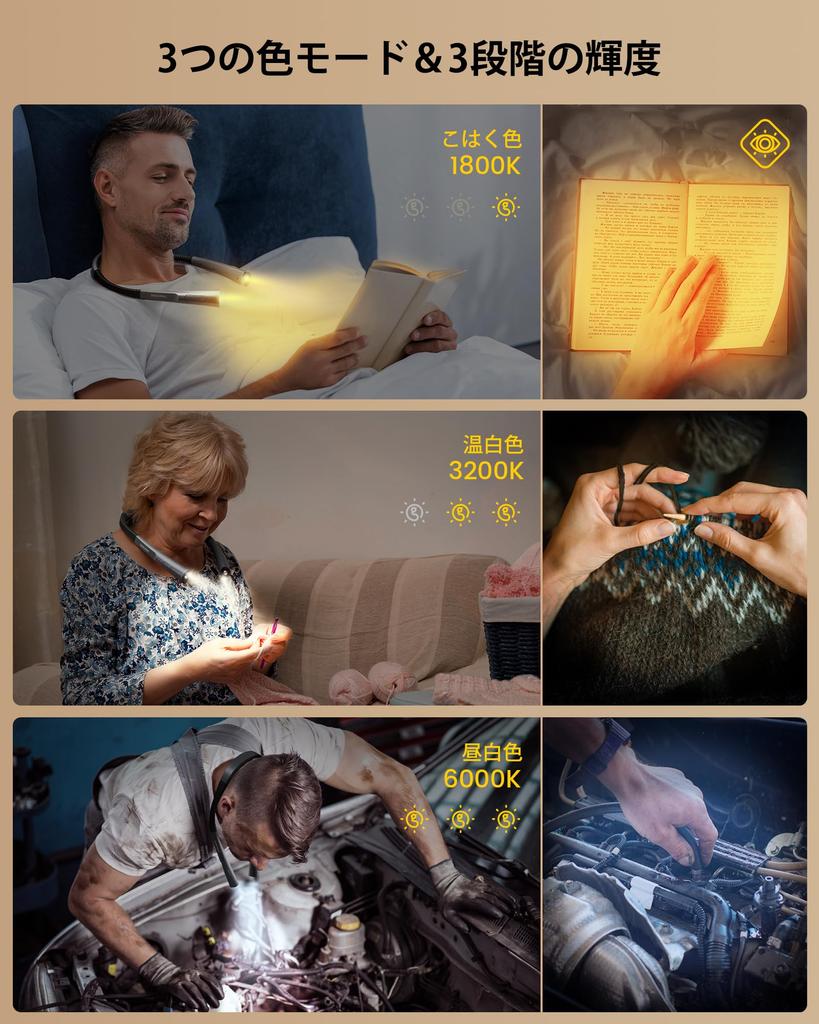 Glocusent LED Neck Reading Light for Reading In 3 Adjustable Ideal for and Repairs Bed, Amber, Colors, Brightness, Rechargeable, Long-Lasting,