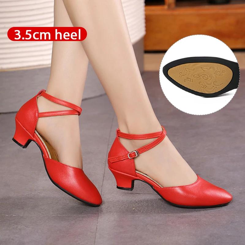 Leather Waltz Shoes Women's Modern Dance Shoes Dance Hall Tango Jazz Latin Shoes Girls Women's Dance Mid-heel