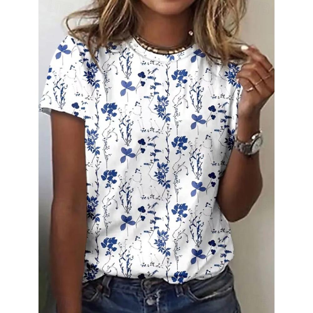 Mode Damen Retro Kreativ Kleiner Blumendruck T-Shirt Lustig Lässig Rundhalsausschnitt Kurze Ärmel T-Shirt Sommer Damen T-Shirt