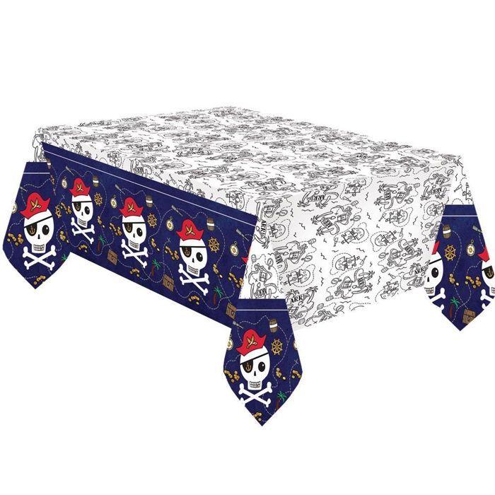 Nappe En Papier - Pirates Chasse Aux Trésors - 120x180cm - Bleu - Têtes De Mort Et Motifs Piraterie