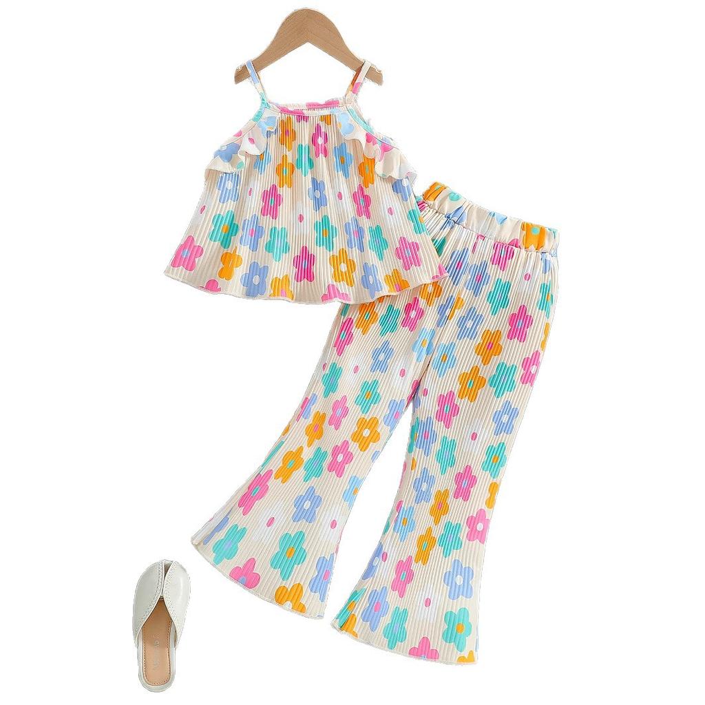 Girls' Fashionable Two-piece Summer Children's Sweet Halter Top + Flared Pants Set
