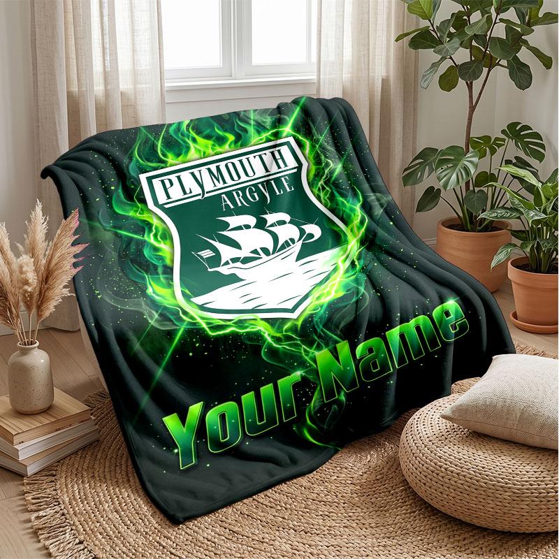 Coperta Flanella con Testo Nome Personalizzato Plymouth Argyle FC Logo Calcio Plaid Pile Personalizzato Regalo Speciale per Divano Camera da Letto Casa