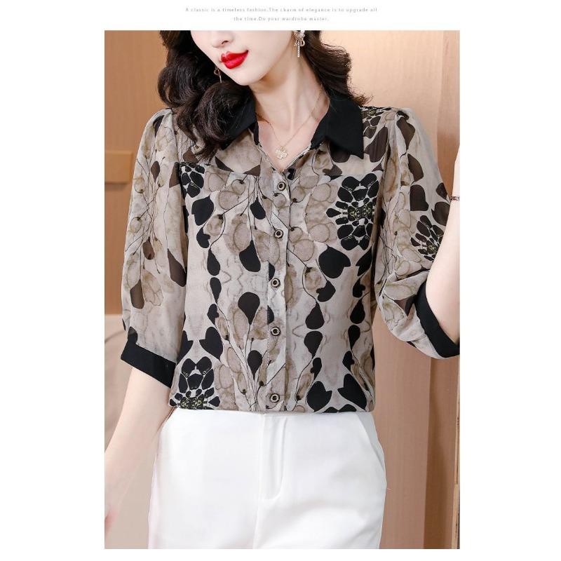 Three-quarter Sleeve Printed Chiffon Shirt for Women Summer New Style Mid-sleeve Shirt for Women with Age-reducing Style and Style