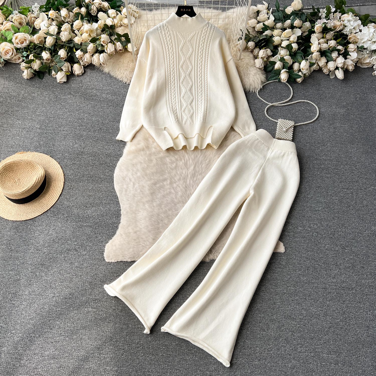 

Зимний винтажный вязаный свитер и брюки, комплект из 2 предметов, женский утепленный спортивный костюм, пуловер + брюки до щиколотки, наряды One Size белый