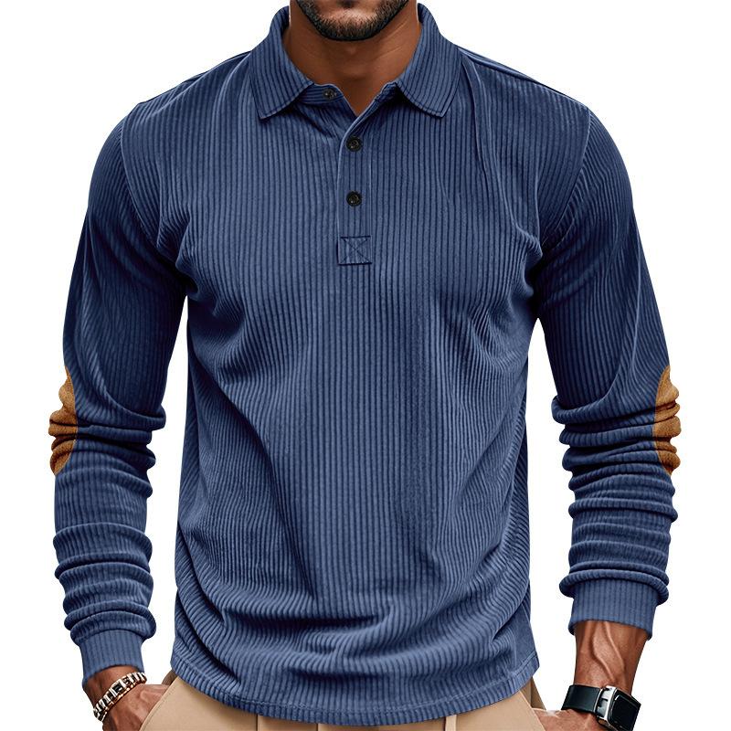 Fashionable Men's Spring/Autumn Corduroy Vintage Loose-Fit Casual Outdoor Long-Sleeved Patchwork Polo Undershirt