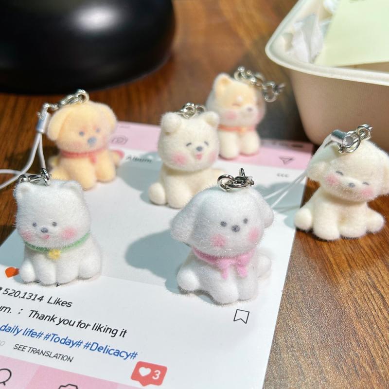 Cute Cartoon Dog Lovely Animal Keychain Backpack Pendant Ornament Couple Gifts Phone Lanyard Flocking Puppy Phone Chain Keyring