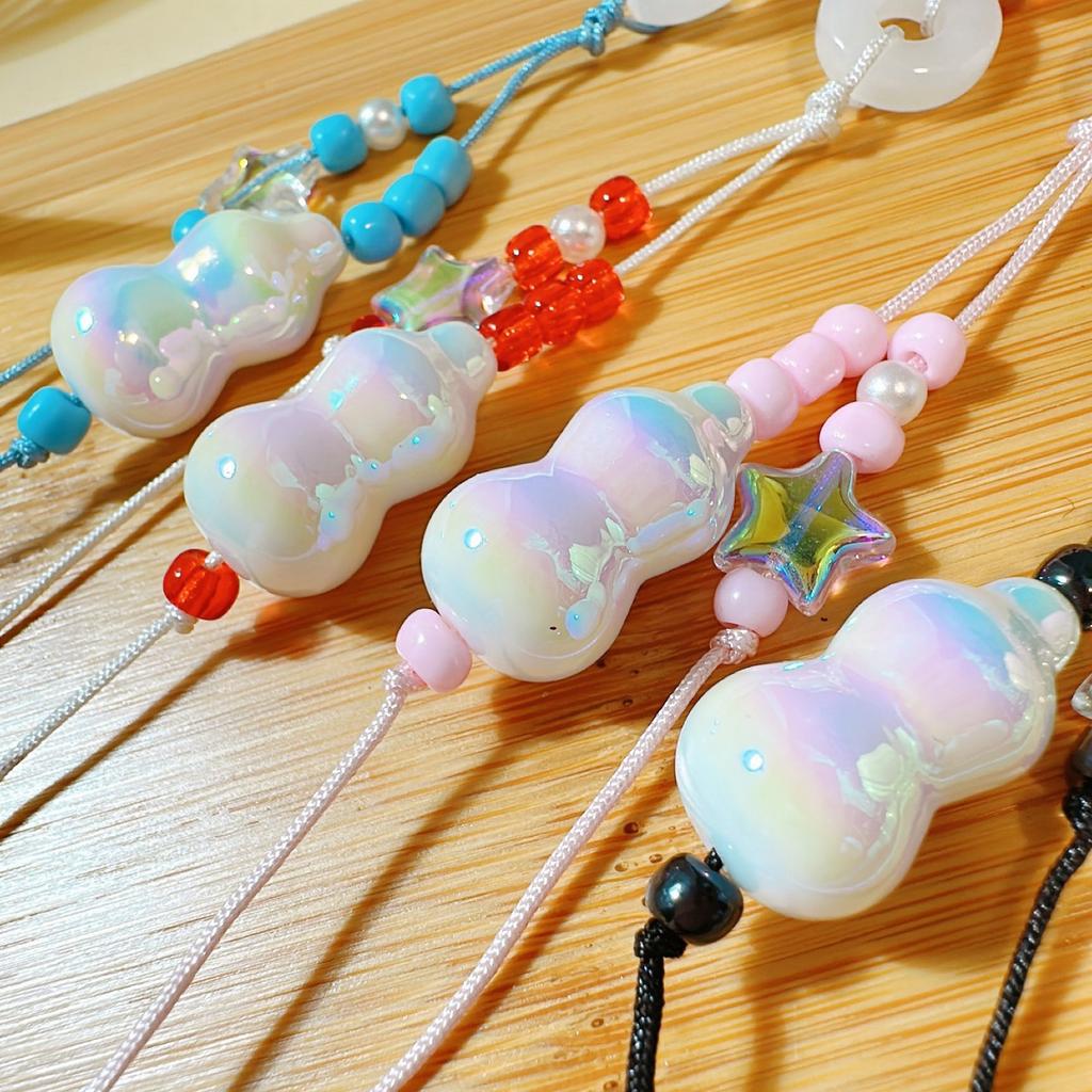Handmade Lucky Gourd Charm Acrylic Bead Keychain for Phone Comfortable Braided Cord Key Chain Women Bag Decorations
