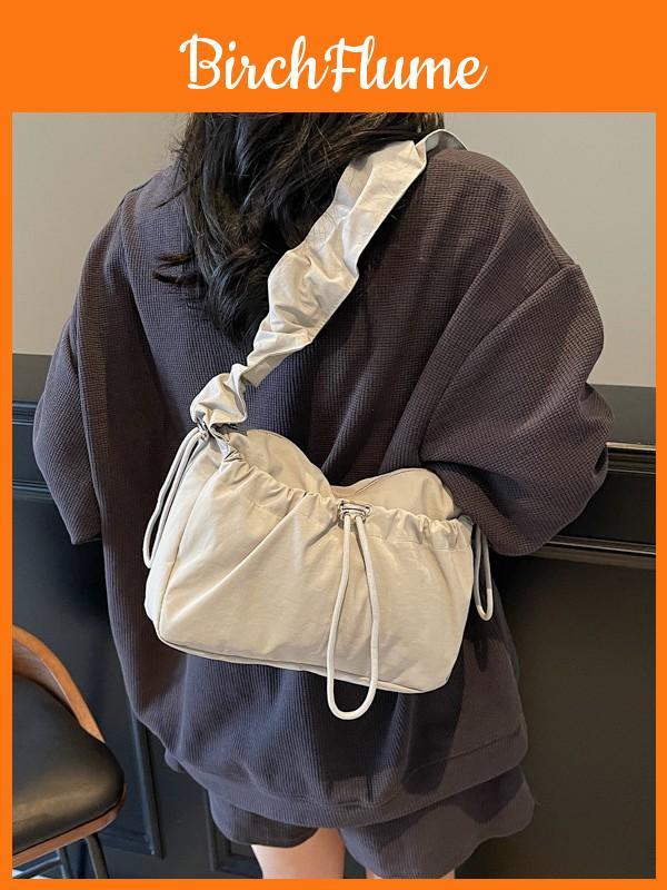 Nylon Shoulder Bag For Women With Drawstring Closure And Wrinkled Design For Daily Casual Wear