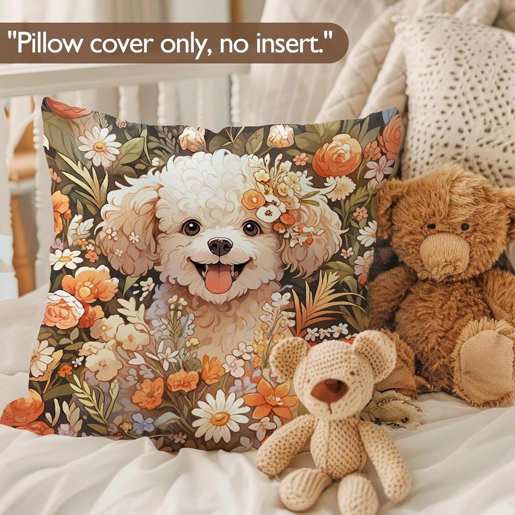 Bichon Frise Pillow Covers 18x18 inches, Vintage Floral Dog Throw Pillow Covers, Gifts for Dog Lover, Farmhouse Botanical Style Decorative
