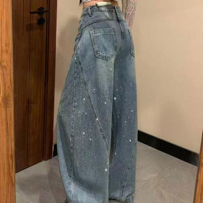Women High Waist Wide Leg Jeans With Rhinestone Embellishments Loose Casual Versatile Floor Length Curved Pants