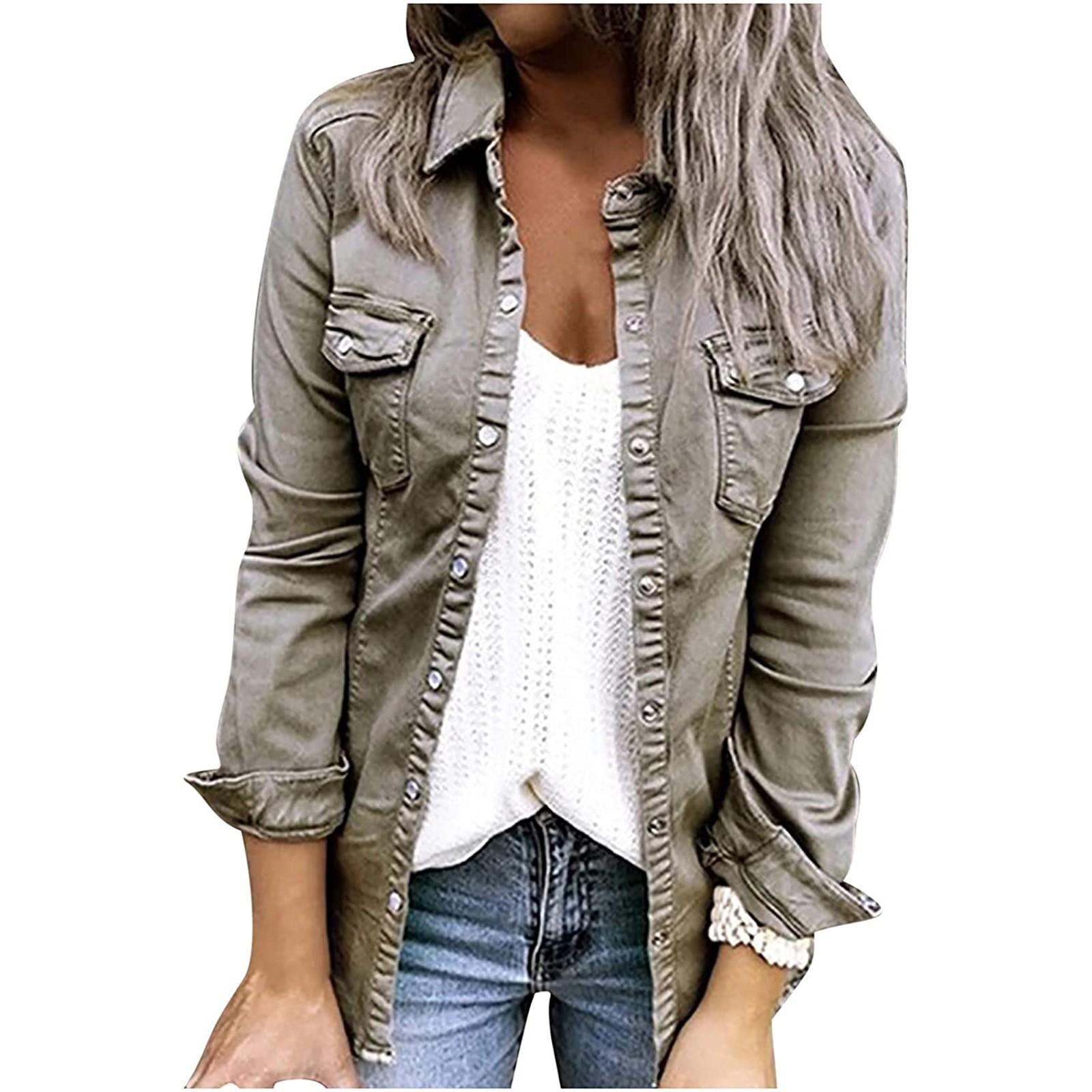 

Модная женская свободная однотонная джинсовая рубашка с длинными рукавами и карманами на пуговицах M