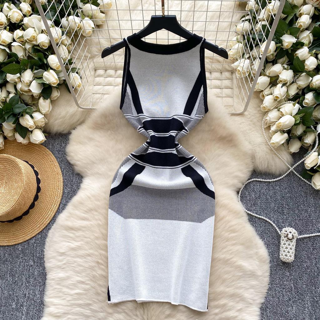 Summer Women French Senior Knitting Sweater Tank Dress Female O Neck Sleeveless High Elastic Slim Fit Sundress Patchwork Chic OL Mini Dress