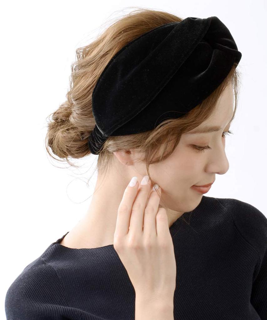 VINGTAINE Velour Black Turban Cross Hair Hairband, Hairband, Wide, Voluminous, Accessory, HB-96
