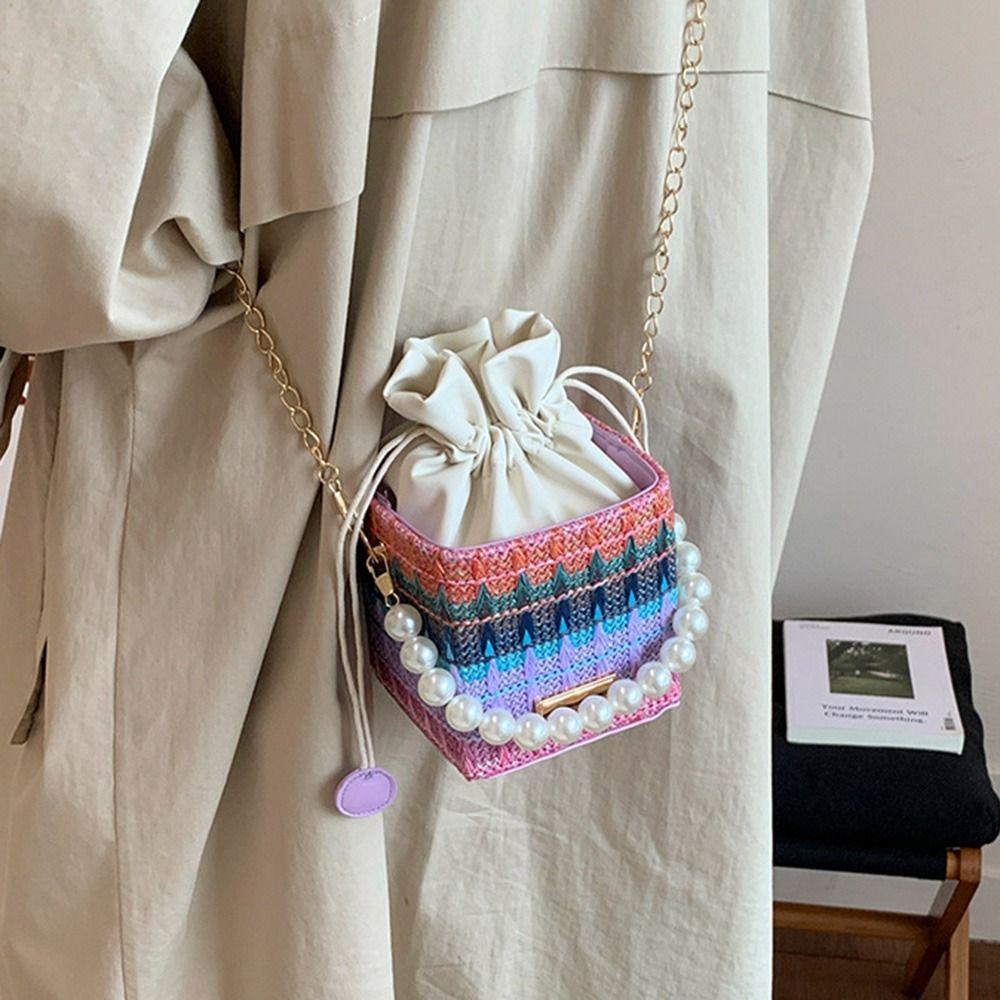 Bohemian Straw Shoulder Bag Elegant Women's Crossbody Bag Evening Purse Pearls Straw Handbag  Beach