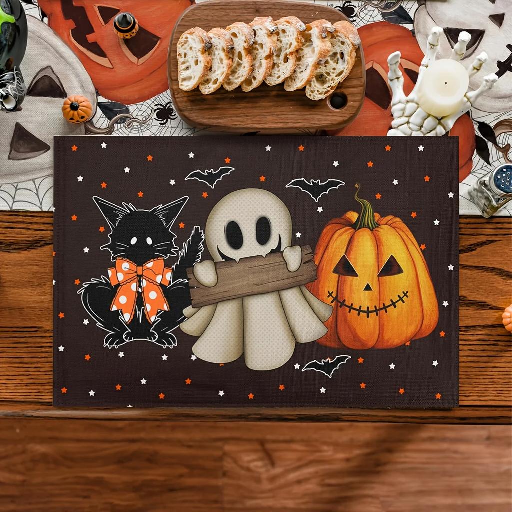 1PC Halloween Themed Linen Meal Mat with Pumpkin Black Cat and Bat Design Anti Slip and Table Mats Suitable Dining