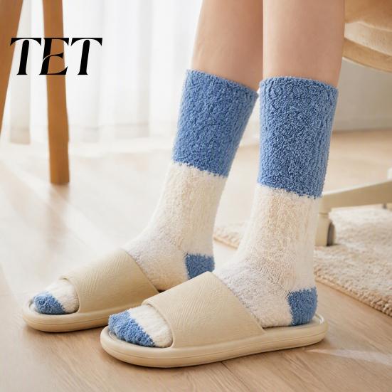 Heat Retaining Lounge Socks Thickened Long Plush for Women, Warm Coral Fleece Socks, Winter Home Foot Warmers Thermal Sleep Anti-static Contrast Color