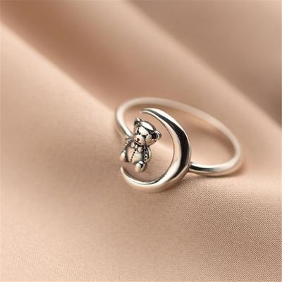 Anello da dito con orso lunare vintage in argento sterling 925, gioielli da festa per donne, ragazze, matrimonio, regalo di compleanno di Natale