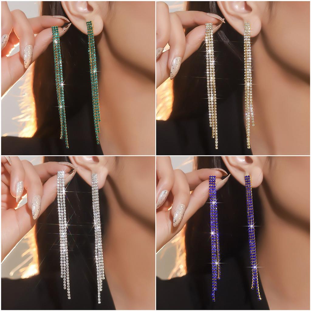 Temperament Luxury Hole Green Rhinestone Earrings Women's Versatile Chain Long Three-Row Fringed Diamond Earrings Earrings