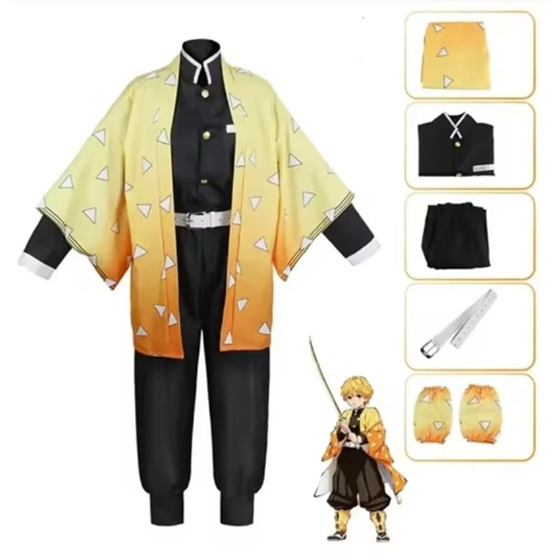

Аниме Agatsuma Zenitsu Косплей Костюм Кимоно Хэллоуин Kleding Вечеринка Униформа Pruik Vrouwen Дети S как