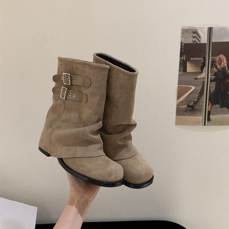 French Spice Girl Style Belt Buckle Thick Heel Trendy Pant Pants Boots Women's Autumn and Winter Fashion Versatile Fried Street Suede Pile Boots