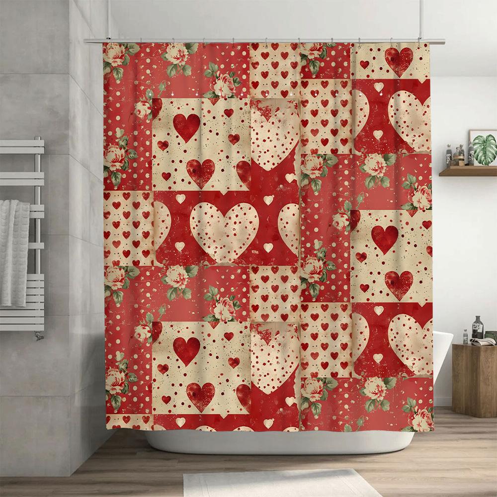 Vintage Heart Floral Shower Curtain Red Beige Decorative Bath Rug Cover For Bathroom Home Decor