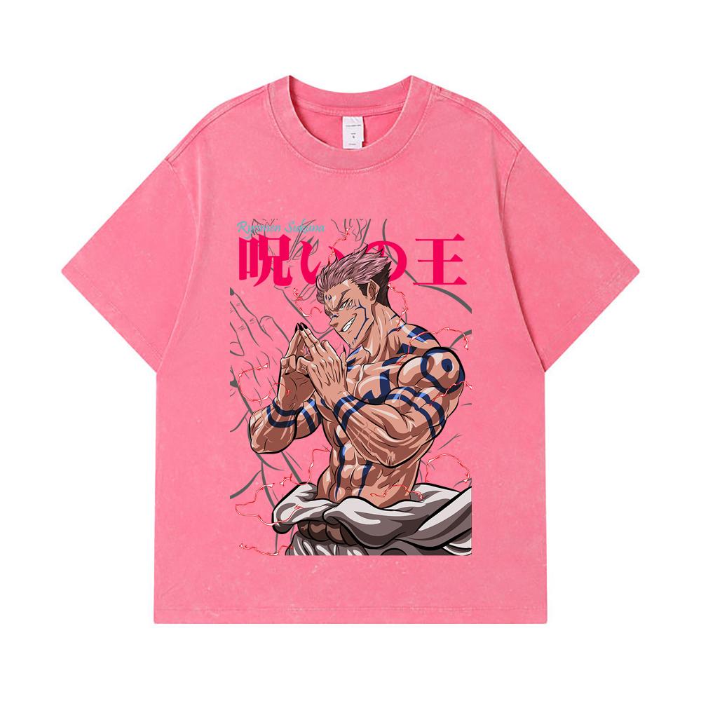 275 GSM Washed T-shirts 100% Cotton Jujutsu Kaisen V46 Sukuna Print Unisex Heavy Cotton T Shirt