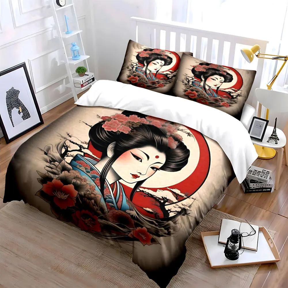 Japanese Art Decor Set Bedding Set with 1 Duvet Cover 2 Pillowcases Single Double King Queen Gift