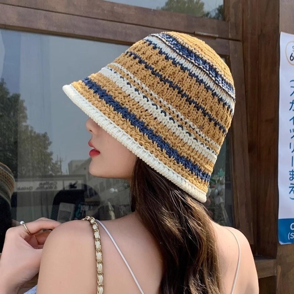 Chapéu de Pescador de Lã Temperamental com Listras Chapéu de Sol Elegante para Mulheres