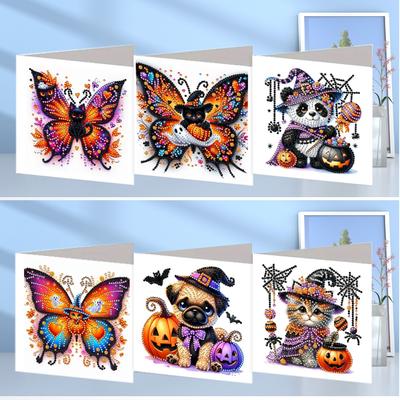 6 Stück DIY Strass Diamantkunst Mosaik Postkarten Halloween Muster Diamantkunst Handgemachte Karten für Feste und Feiern