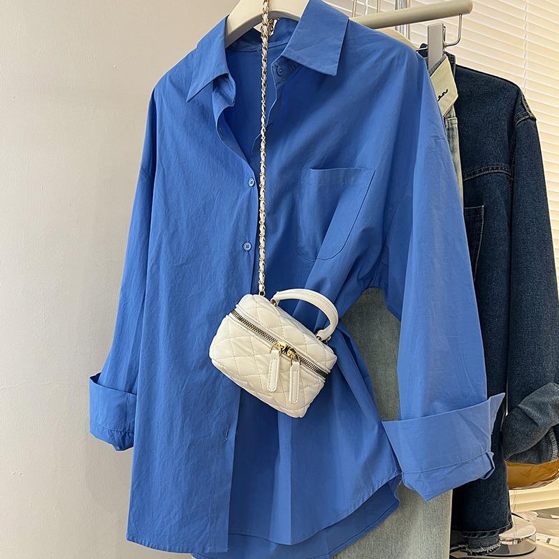 Polo-Kragen Langarm Baumwolle Freizeitblusen für Damen Mode Neu Uni Mittellang Sonnenschutzhemden Damen Locker Büro Damen Weißes Hemd Oberteile 25348