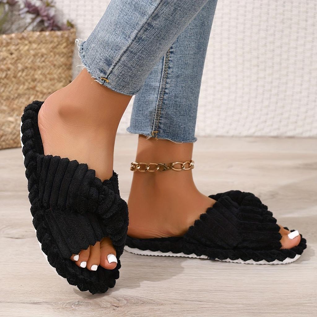 Couple Style Slippers, Lightweight for Home Use. Classic Elegance, Crossed Straps, Fluffy and Soft, Skin Friendly and Warm, One Foot Kick