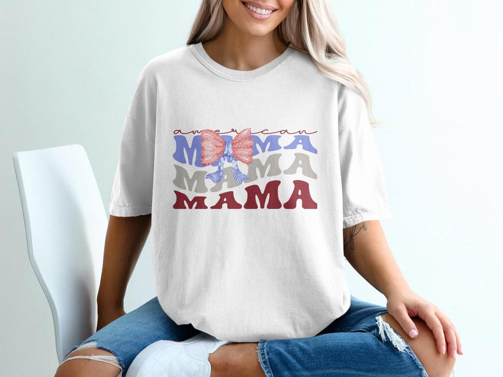 American Mama Retro Wavy Tee, Patriotic Bow, USA Mom Life Shirt