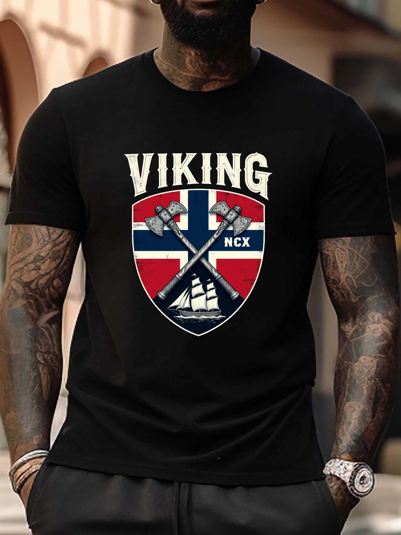 

Plus Size Viking Norway Shield Flag T-shirt - Black with Red L