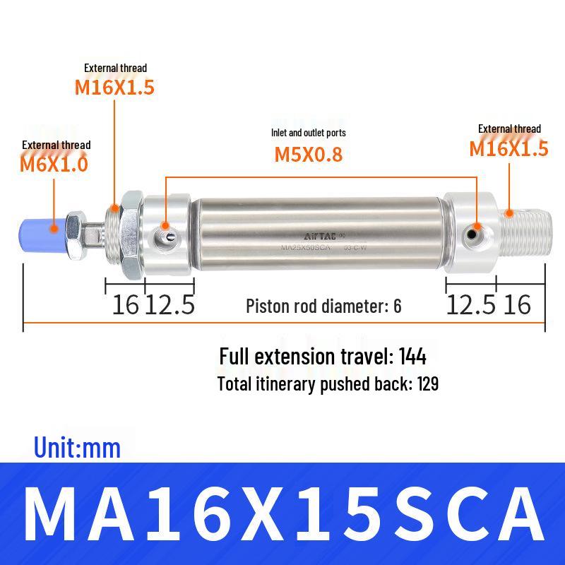 AirTAC Stainless Steel Mini Cylinder MA Series - Sizes: 16/20/25/32 mm x 15/25/30/50/75/100/125-SU