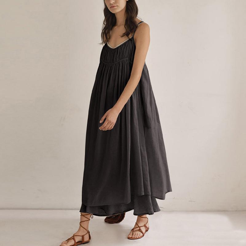 Johnature Summer Spaghetti Strap Dresses Simple Solid Color Fold All Match Cotton Backless Loose Women Dress