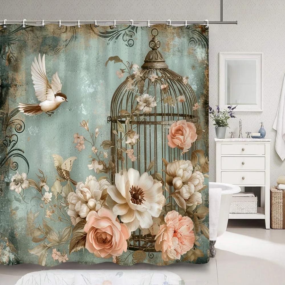 Vintage Floral Shower Curtain Rustic Country Farm Botanical Flower Bee Polyester Fabric Shower Curtain Bathroom Decor With Hooks