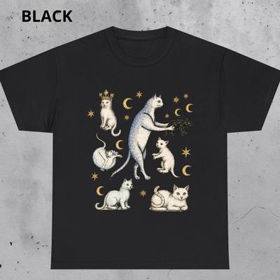 Mystical Cats Shirt and Kids Tshirt, Ugly Medieval Celestial Kittens, Moon Stars Graphic Tee