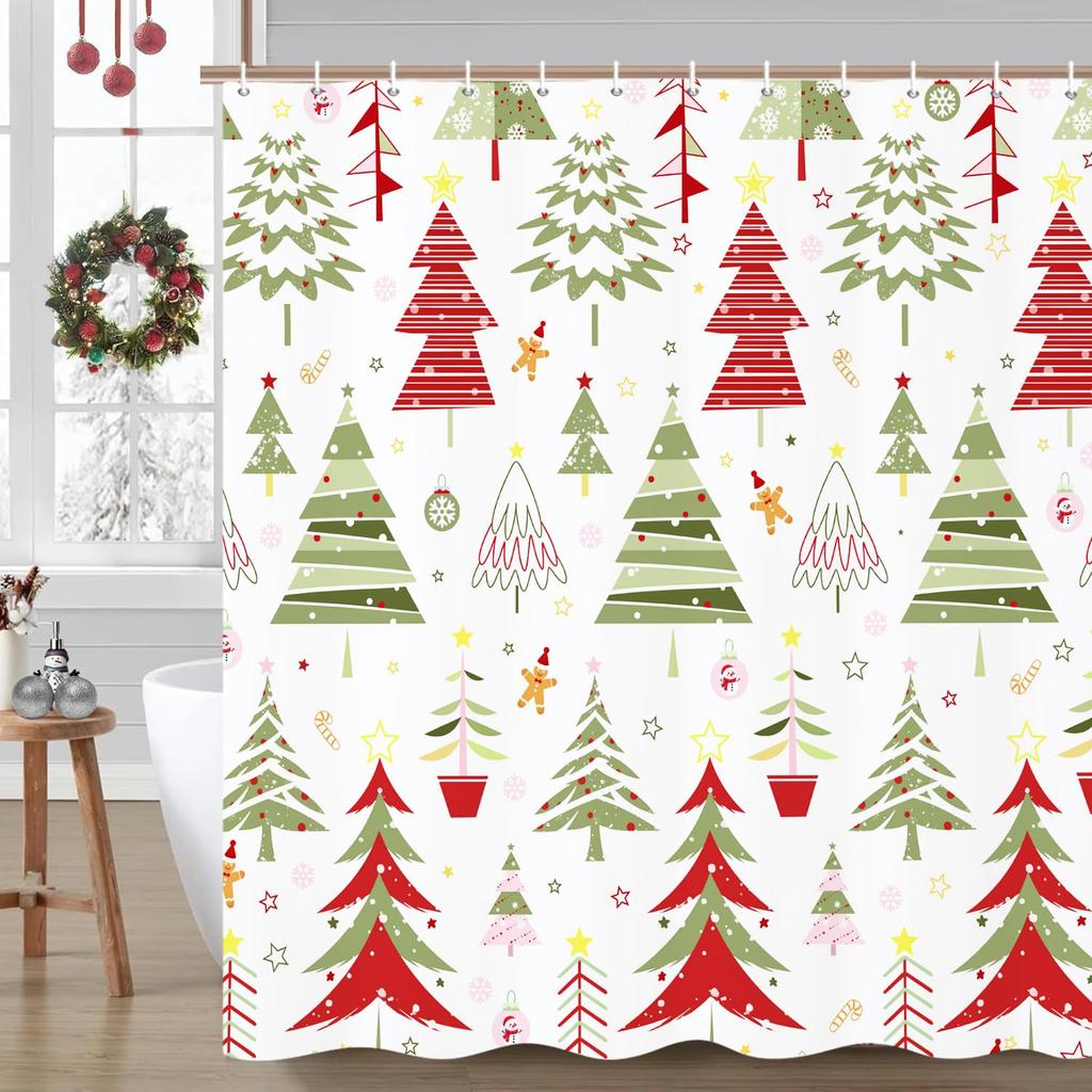 Christmas Shower Curtain Winter Snowy Landscape Forest Shower Curtain Xmas Pine Tree Bath Curtain with Hooks Home Bathroom Decor