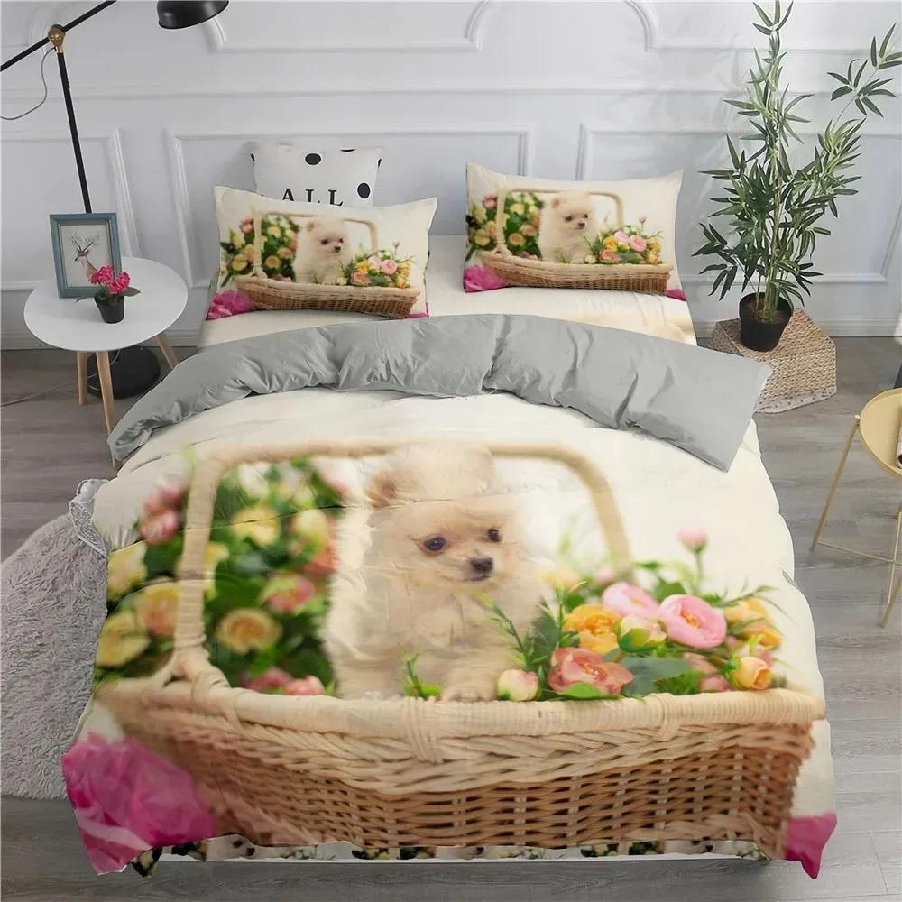Topp Pomeranian Hund Kung Drottning Påslakan Valp Sängkläder Set För Tonåringar Vuxna Husdjur Djur Färgglad Himmel Polyester Täcke