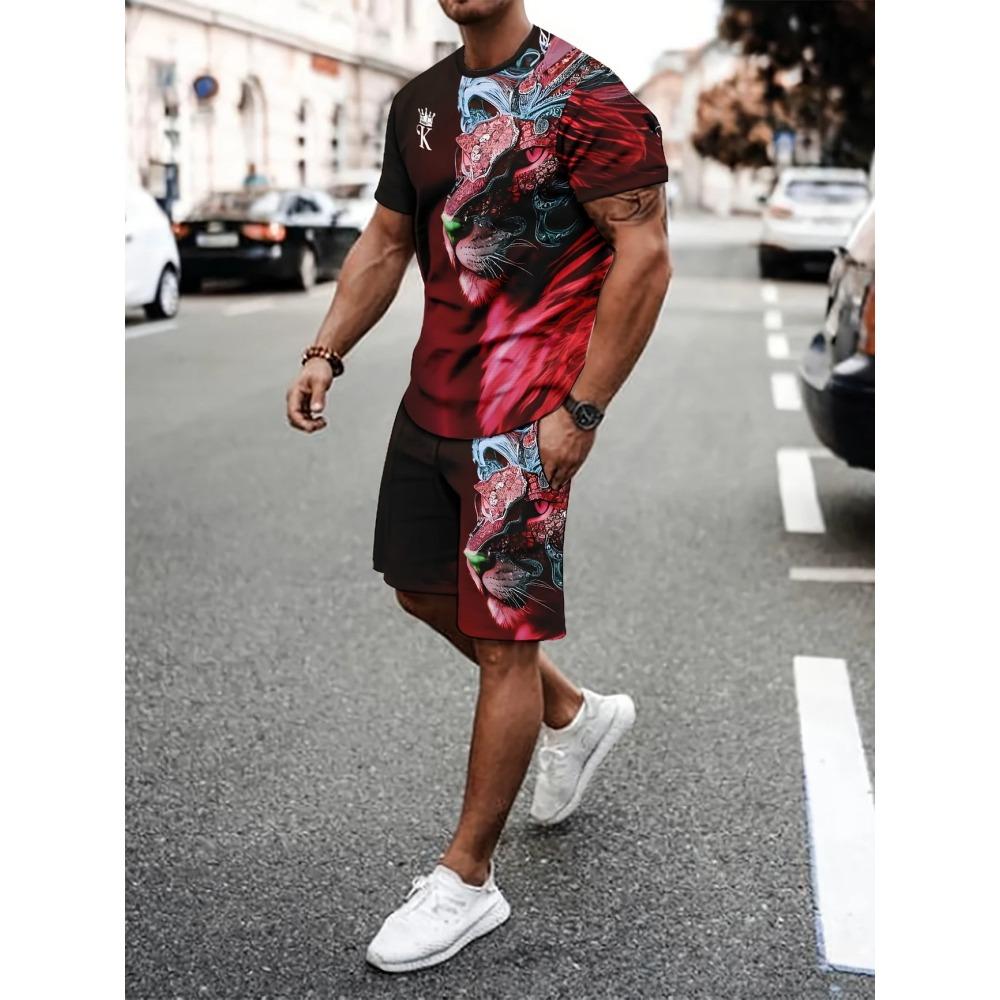 Funny 3D Cat Print Men's Sets Summer Casual O-neck Short Sleeve Tops Shorts 2 Piece Fashion Lion Pattern Suit T-Shirts Outfit