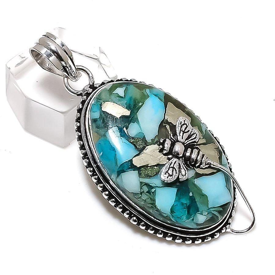 Turquoise In Pyrite Gemstone Handmade 925 Sterling Silver Pendant 2.25" J7a47