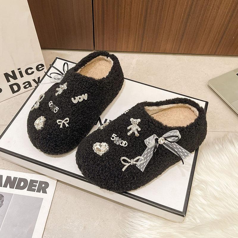 Women s Retro Lightweight Comfortable Non-slip Heightening Winter Warm Plush Lined Non-slip Durable Casual Cotton Rhinestone Decorated Slippers 35