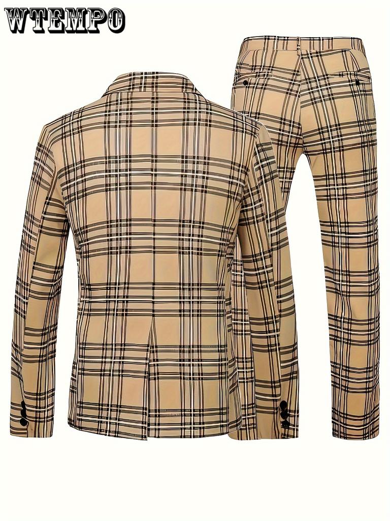 Costum în carouri pentru bărbați, 2 buc, mărime Plus - Jachetă blazer cu un buton cu revere crestate și set de pantaloni de costum-Pentru afaceri și ținute zilnice, potrivite pentru ocazii formale