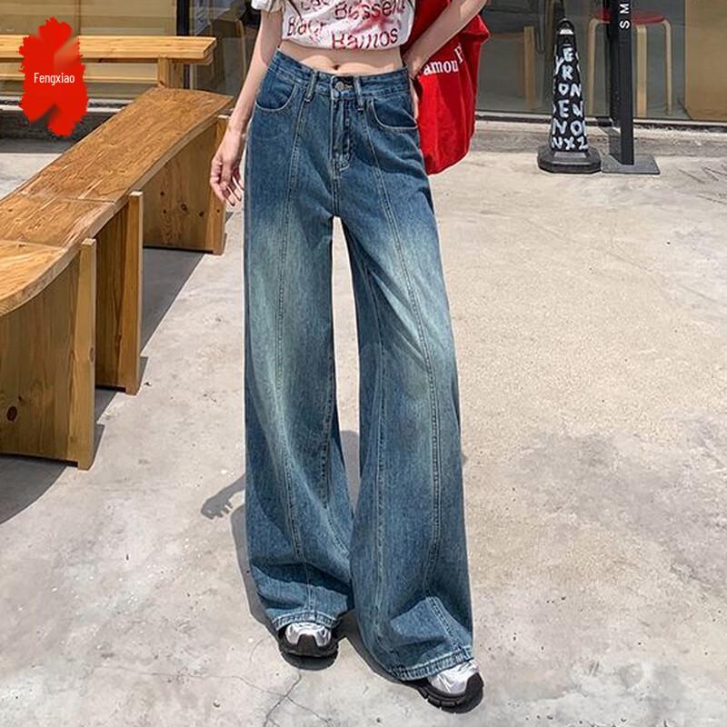

Fengxiao Women s 2025 New High-Waist Loose Straight Dark Blue Jeans XL