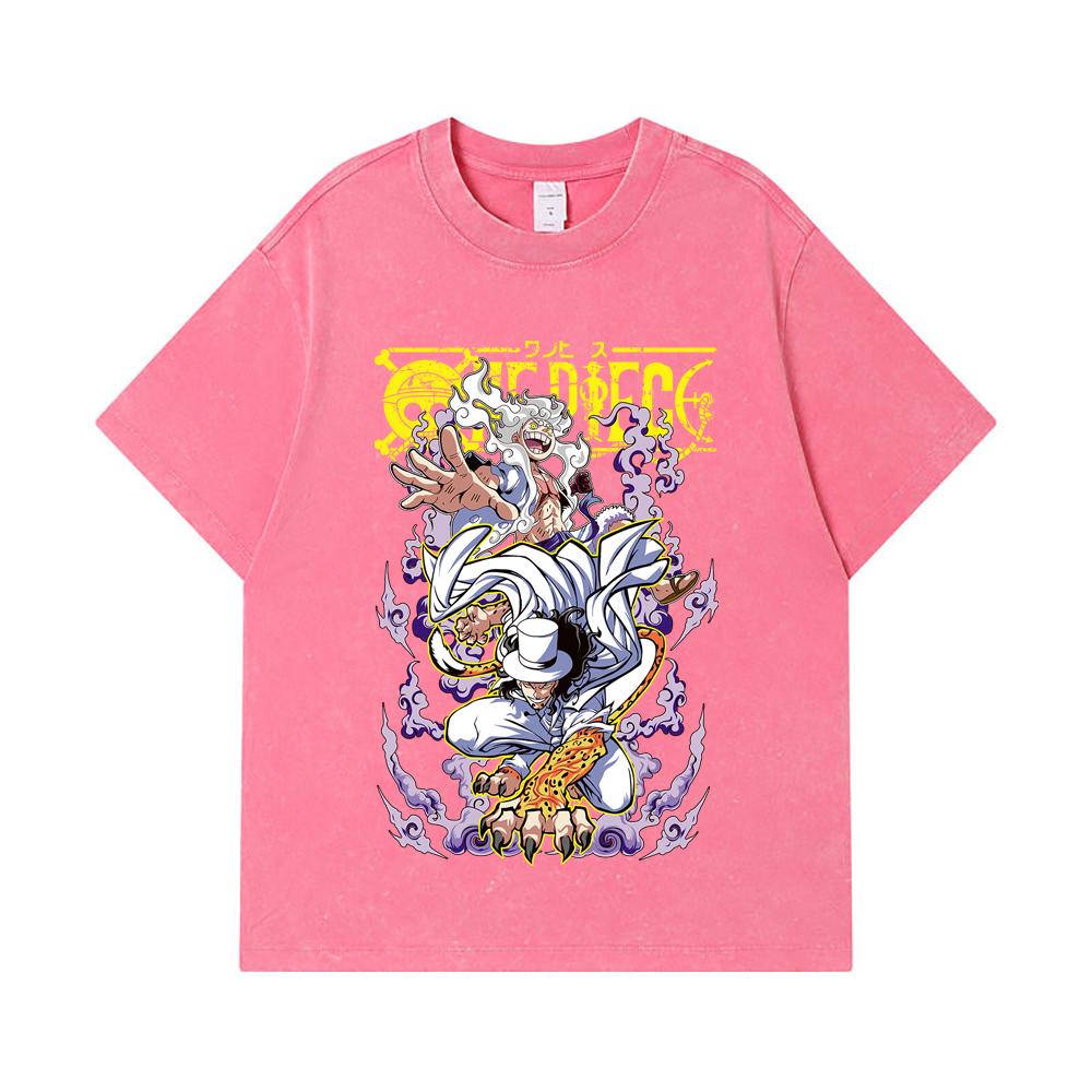 275 GSM Washed T-shirts 100% Cotton One Piece V64 Luffy Lucci Print Unisex Heavy Cotton T Shirt