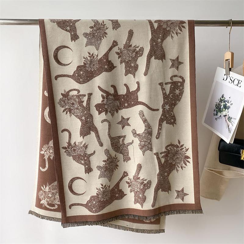 Teplá zimní deka Kašmírová šála pro ženy Design Kočičí potisk Silné pašmínové šály a šátky Bufandas Dámské pončo Echarpe