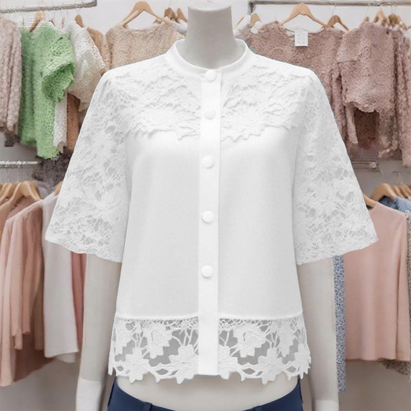 

ZANZEA Женская повседневная блузка с полым кружевом, крючком, пэчворк, летняя, с рукавом до локтя 5XL белый