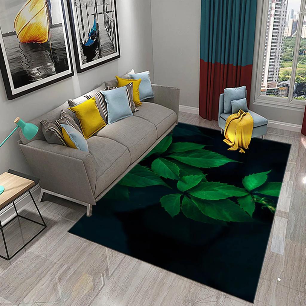 Green Leaves Carpet Natural Landscape Rug Black Rectangle Area Rugs for Adults Yoga Mats Bedroom Living Room Decor Soft Door Mat